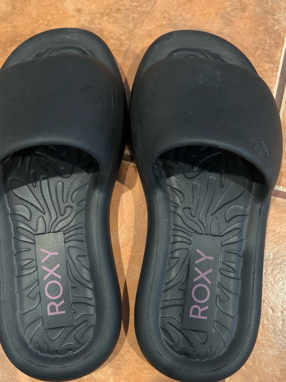 Roxy Black Slide Sandals with Pink Logo